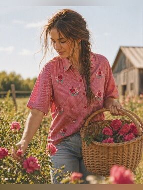 Vintage 90s Bobbie Brooks Gingham Embroidered Shirt Plus Size 2X‎